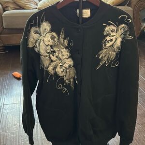 Vintage‎ Sweats Fashion Button up Sweater. Black with Silver Floral Accents. One